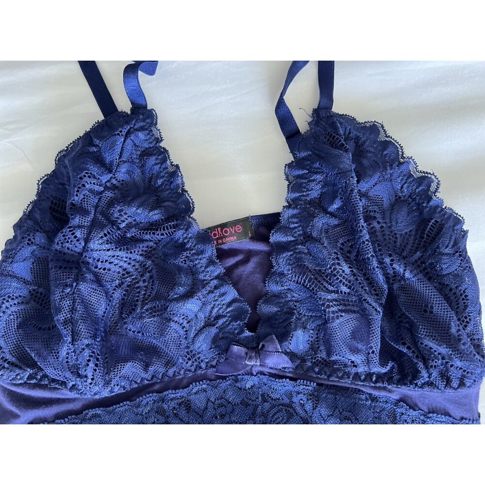 Baby Doll Top Size L Avid Love Navy Blue Lace Stretch Lingerie Sexy Sheer PJs